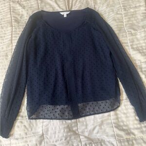 LC Lauren Conrad Navy Sheer Swiss Dot Long-Sleeve Blouse
